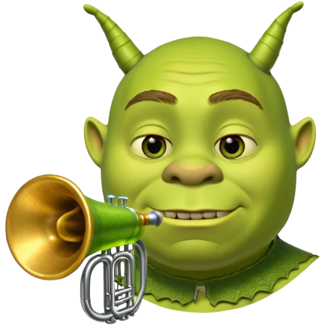 Shrek il a pas d'oreille juste deux tubes cylindriques verts, courts et épais, qui sortent horizontalement des côtés de la tête.
Chaque oreille ressemble à une petite trompette inversée : t en une embouchure circulaire parfaitement ronde à l’extrémité. emoji