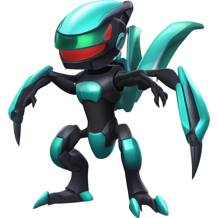 a shiny black Genesect-Flygon-Raptor-Fakémon-Medabot-hybrid with a futuristic visor-helmet full body emoji