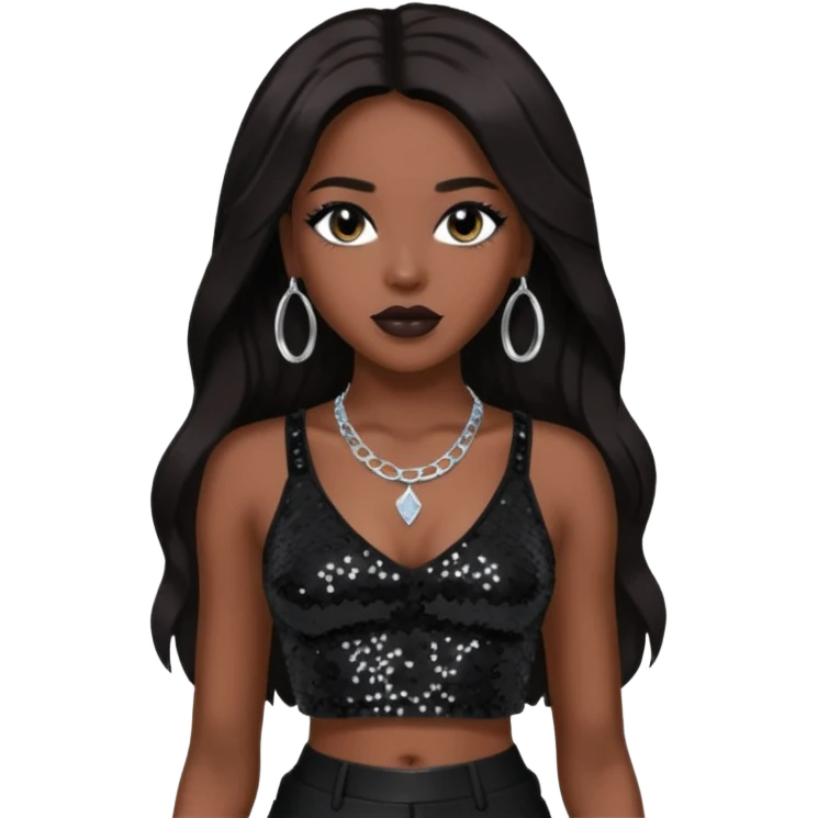 Aaliyah with black sequin crop top and pants, long dark brown hair emoji