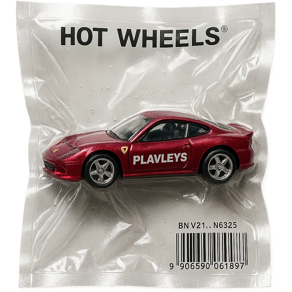 burgundy Hot Wheels Ferrari toy car with 'PLAVLEYS' lettering on the body, shiny and inflated, vacuum-sealed style emoji