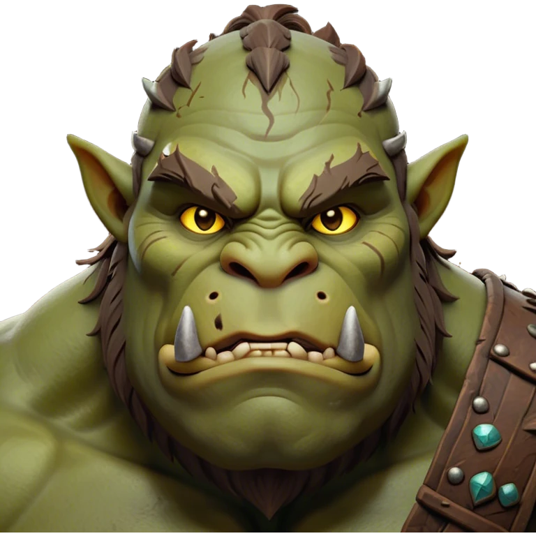 Cinematic Noble Ogre Portrait Emoji, Majestic and imposing, with a rugged, muscular form in deep earthy greens and browns, adorned with battle scars and subtle tribal markings, exuding calm, noble strength and unexpected wisdom, simplified yet strikingly detailed, glowing with a shadowy outline that captures the essence of a gentle giant with fierce heart! emoji