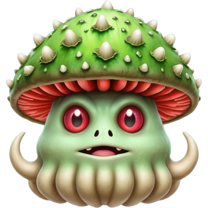 poisonous mushroom king monster portrait, head and shoulders only, giant toxic mushroom crown head, glowing green spore aura, animal-like eyes, thick fungal body texture, 3D cartoon, mobile game icon style, clean background, no text, no watermark

 emoji