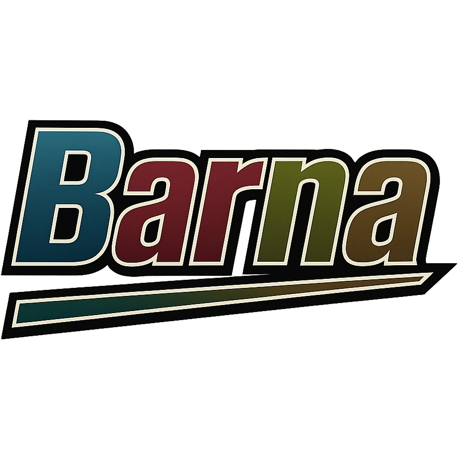 Text design of the name 'Barna' in a masculine, modern, gradient font with dark contour and thin white edging, dynamic slanted underline, masculine color shades including blue, gray, burgundy, green, and brown, 1000x1000 px, PNG, transparent background, in the style of the uploaded Attila sample. emoji