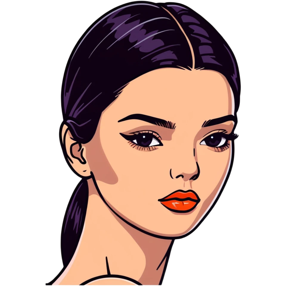 Kendall Jenner, fashion icon, elongated face, plump lips with glossy lipgloss shine emoji