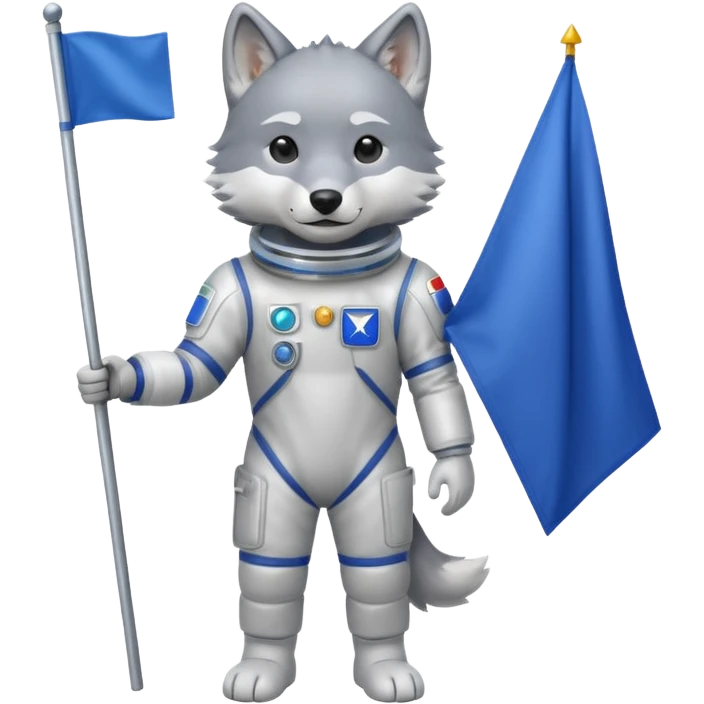 a wolf in space suit, holding blue rectangle flag, full body, front view emoji