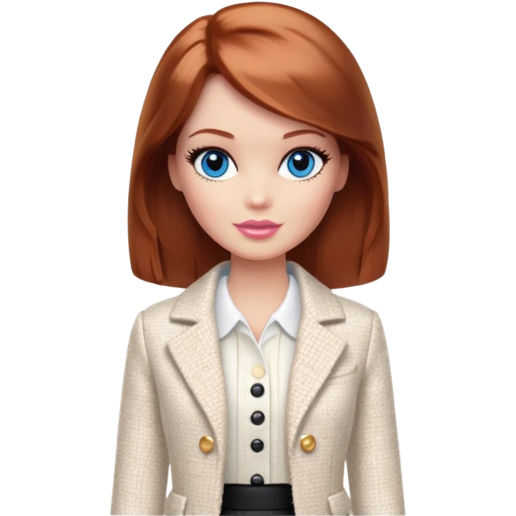 A Barbie girl with blue eyes, shoulder-length reddish-brown hair with makeup, wearing a white tweed jacket and a black skirt stands with cream emoji