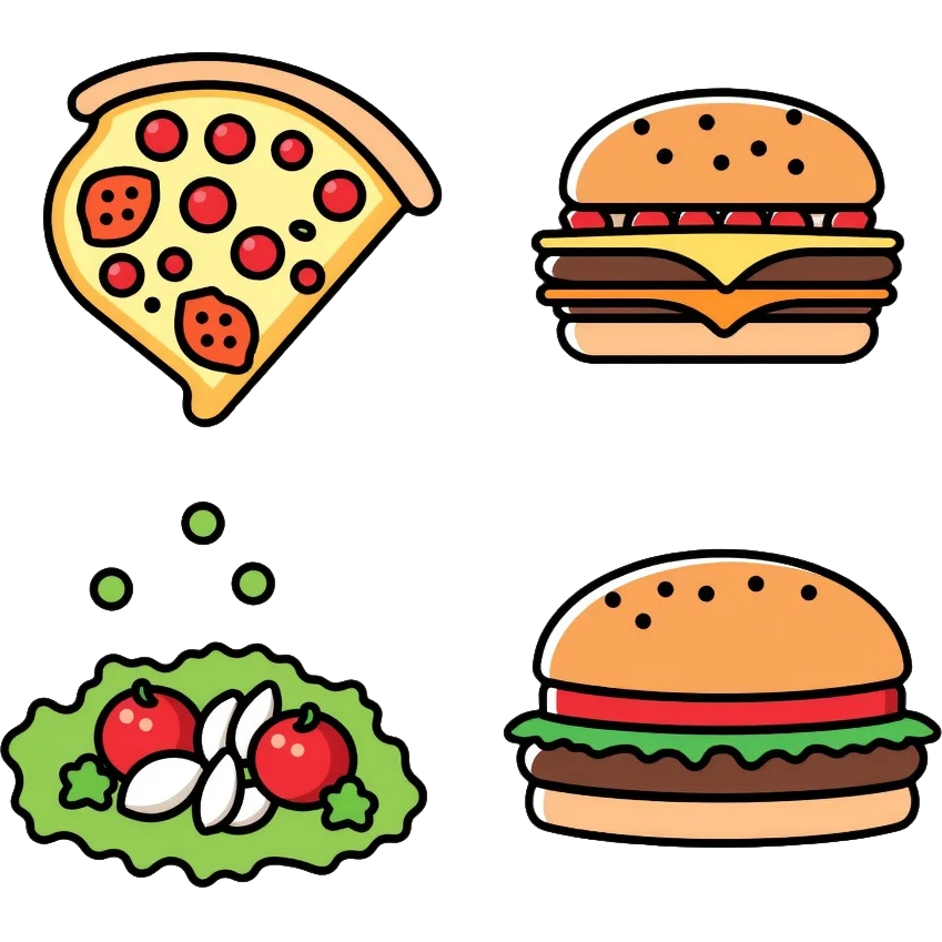 food icon set with pizza, burger, and salad emoji