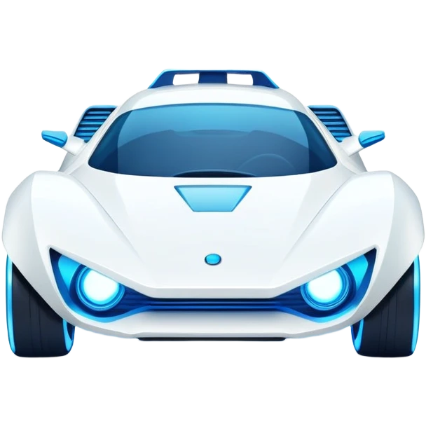 Futuristic retro hover white car with sharp angular design and glowing blue wheels, front view, flat vector style, minimal color palette with subtle blue highlights emoji