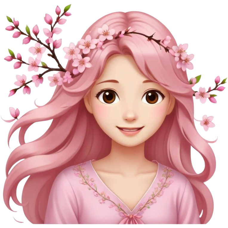 . A girl with long, flowing hair adorned with cherry blossoms, wearing a light pink  blouse and a dreamy smile. emoji