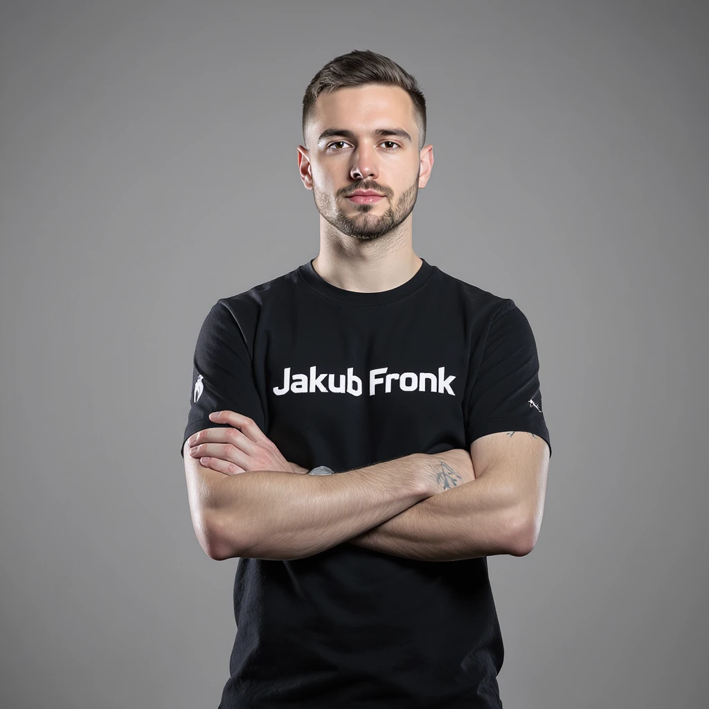 Csgo pro player profile proffesional photo, low key light back light, man standing crossed hands with tshirt with text "Jakub Fronk" emoji