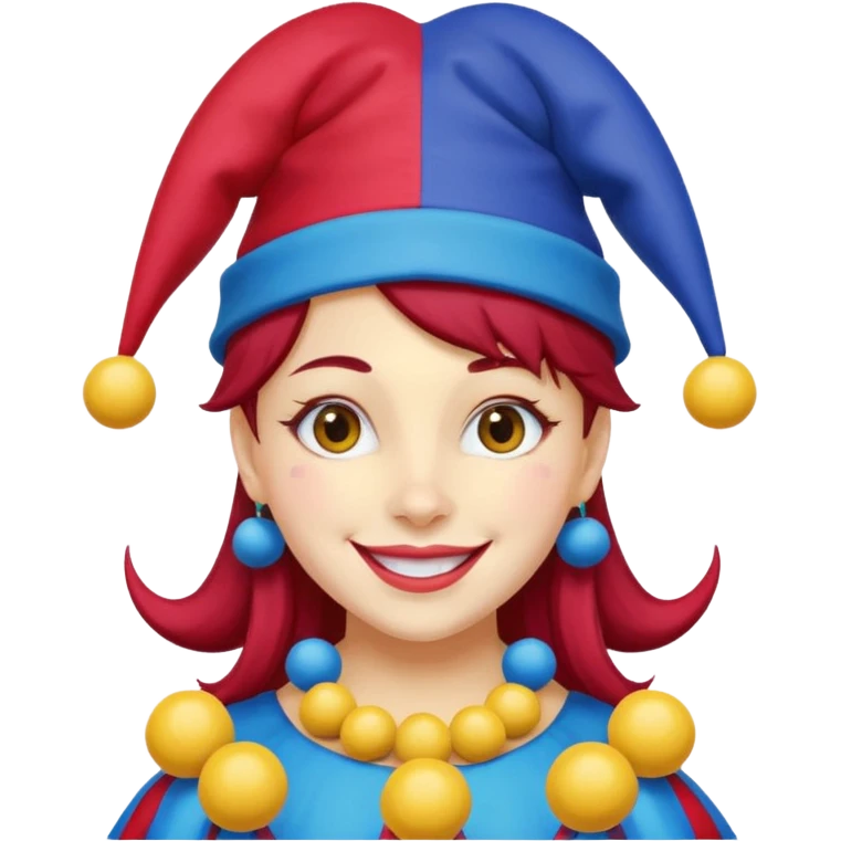 Girl with red and blue jester hat with yellow balls on the ends of the jester hat smiling with rosy cheeks and dark hair emoji