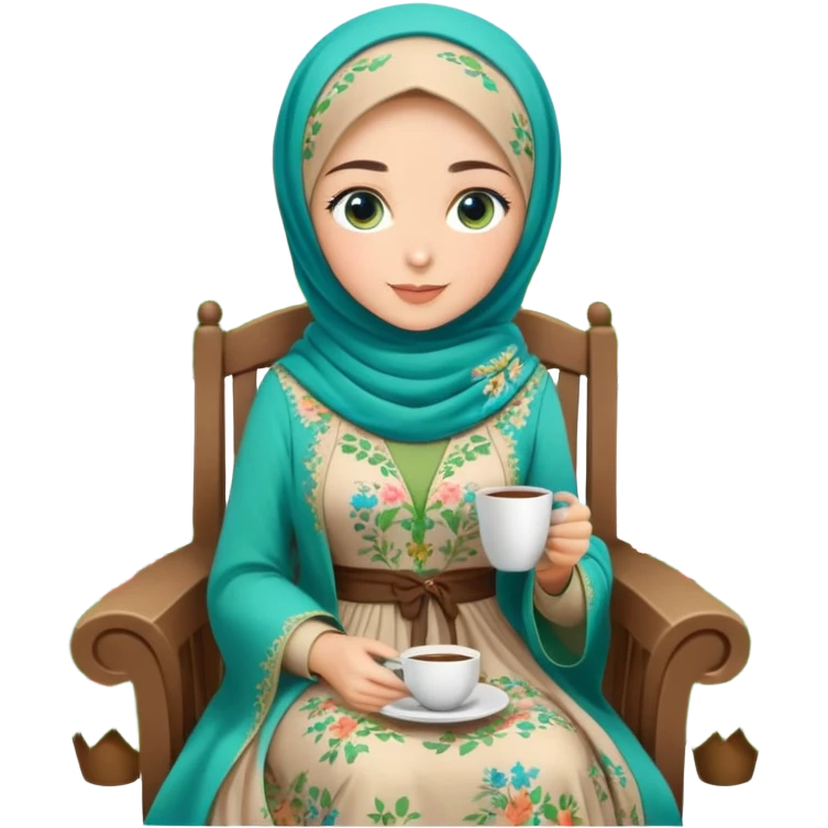 Turkish beautiful finish Konya girls blue eyes with Beautiful light brown green floral hijab long tail dress and in a lovely garden sits on the chair on the ground and holds cup coffe with her hand  emoji