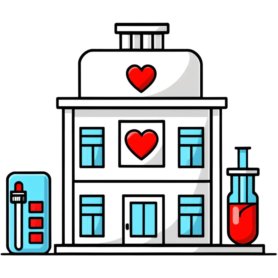 Modern medical clinic building with red cross symbol, test tubes, and heart icon emoji