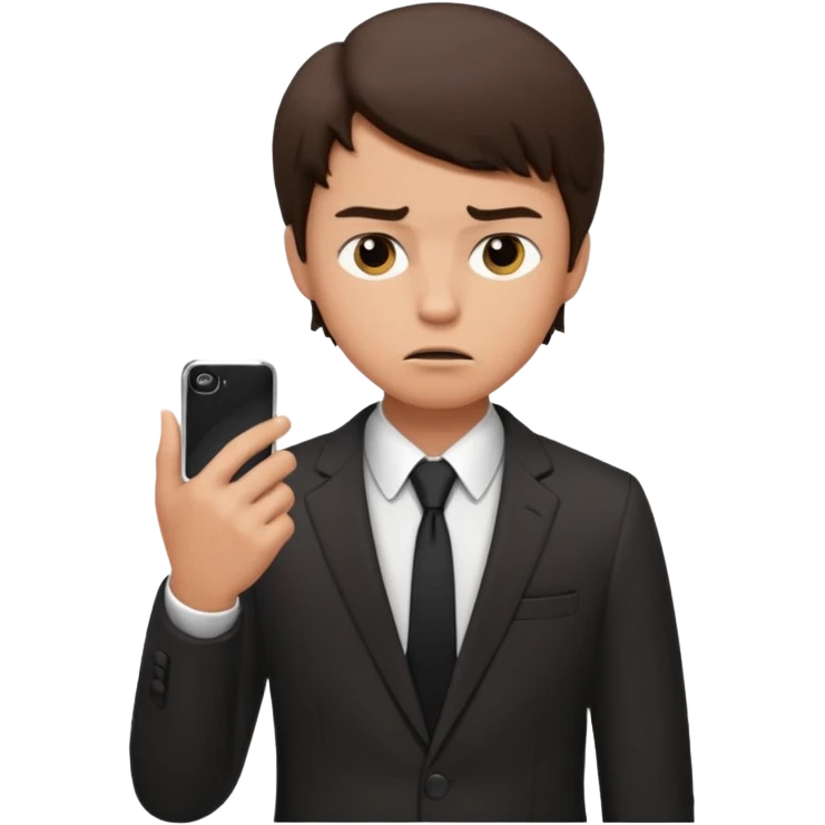 generate a brunette teen boy. dressed formally at work.  calling on a mobile, looking upset emoji