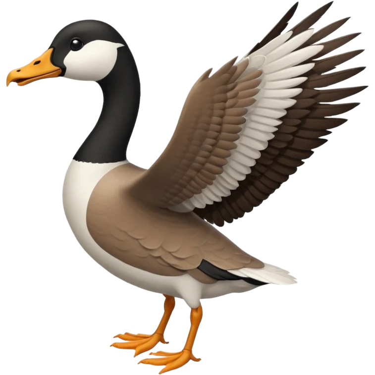 wild goose in flight, with black neck, black feet, brown wings, black-and-white head, white belly emoji