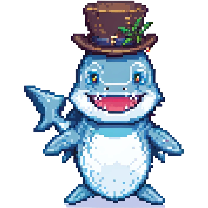 pixel art shark, smiling, with a tophat emoji