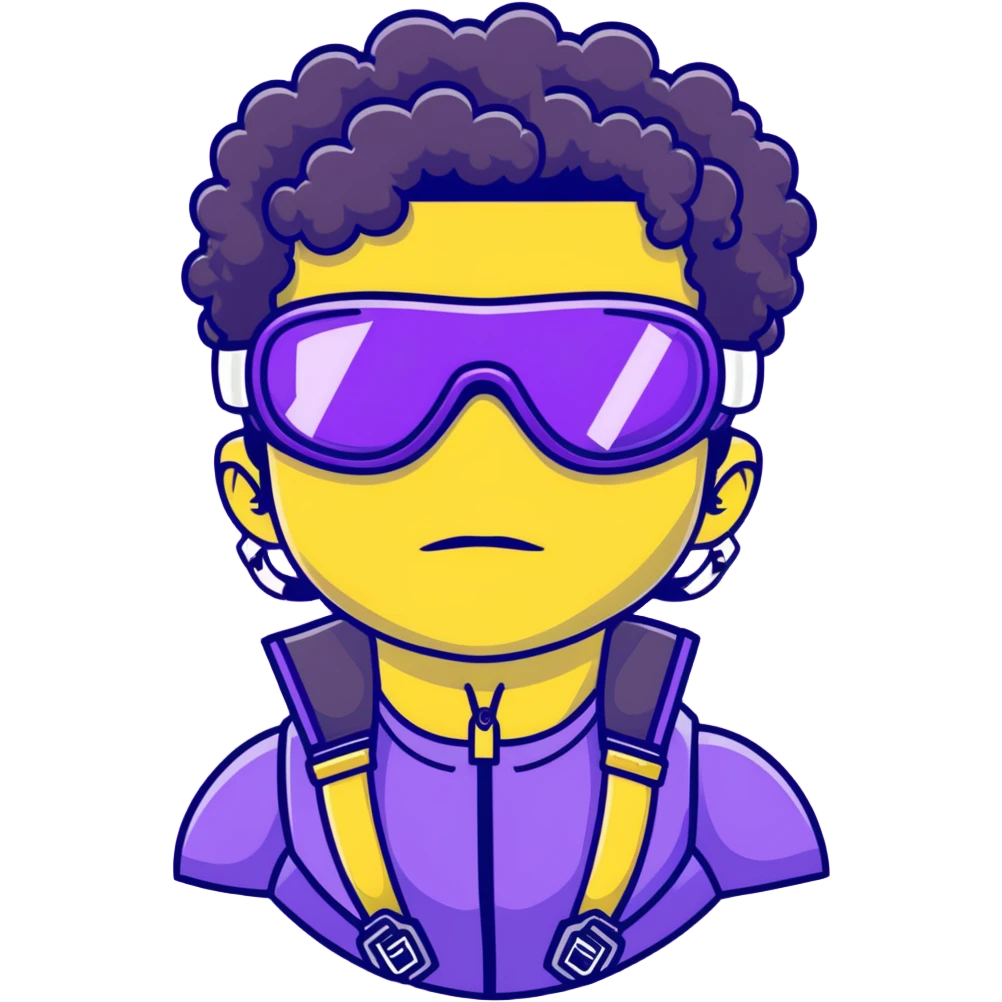 male athlete with white skin and moderately curly black hair on top with shaved sides, wearing ski goggles with purple frames and very dark black lenses, a simple plain black chain necklace, and a completely unzipped/wide open shiny purple vest fully revealing his chest and abs, no earrings emoji