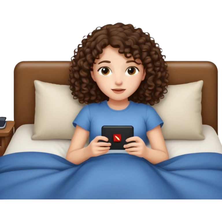 A girl, brunette with curly hair down to her shoulders, watching TV. Have her lie down on the bed, and put on Netflix on the TV. emoji