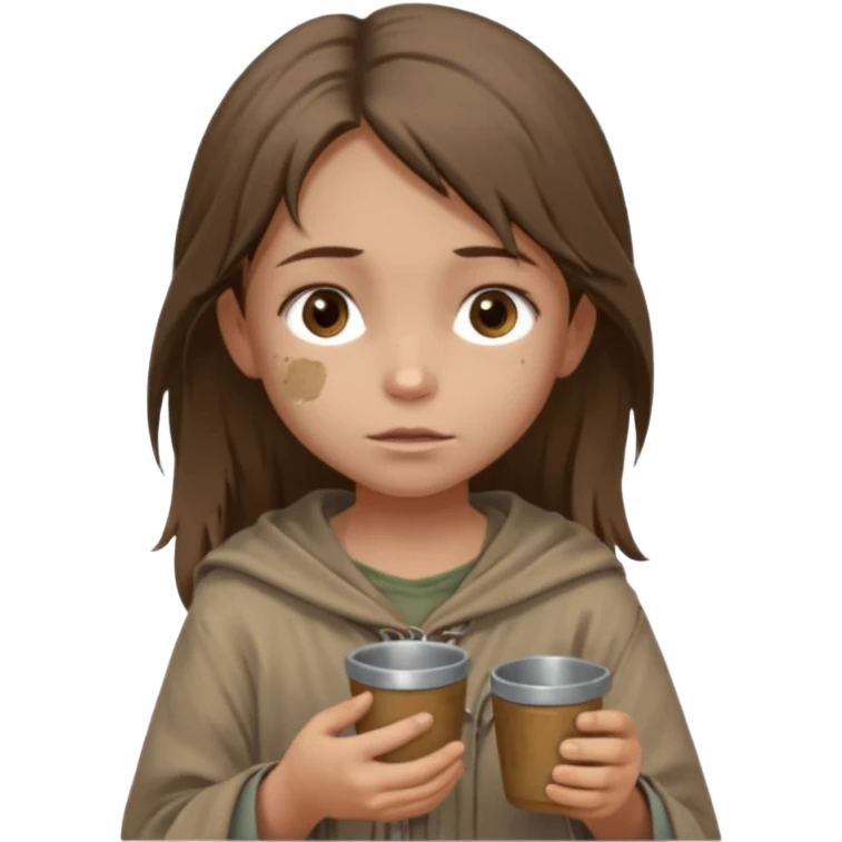 little beggar girl character, chest-up portrait, loose slightly messy hair, worn and oversized clothes in neutral earth tones, tired but gentle eyes, subtle dirt marks on face, holding small metal cups for coins, humble and innocent expression emoji