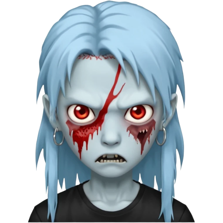  3D emoji-style avatar with very pale blue-grey zombie skin , a young Asian face, and large eyes with blood tears. Give it white litle bit messy long mullet hair style , silver hoop earrings, and a plain black T-shirt. The face expression should be slightly angry, with vampire fang emoji