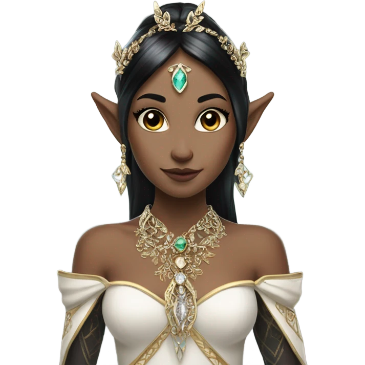 elf princess with pointy ears, white skin, BLACK hair with jewellery,  emoji