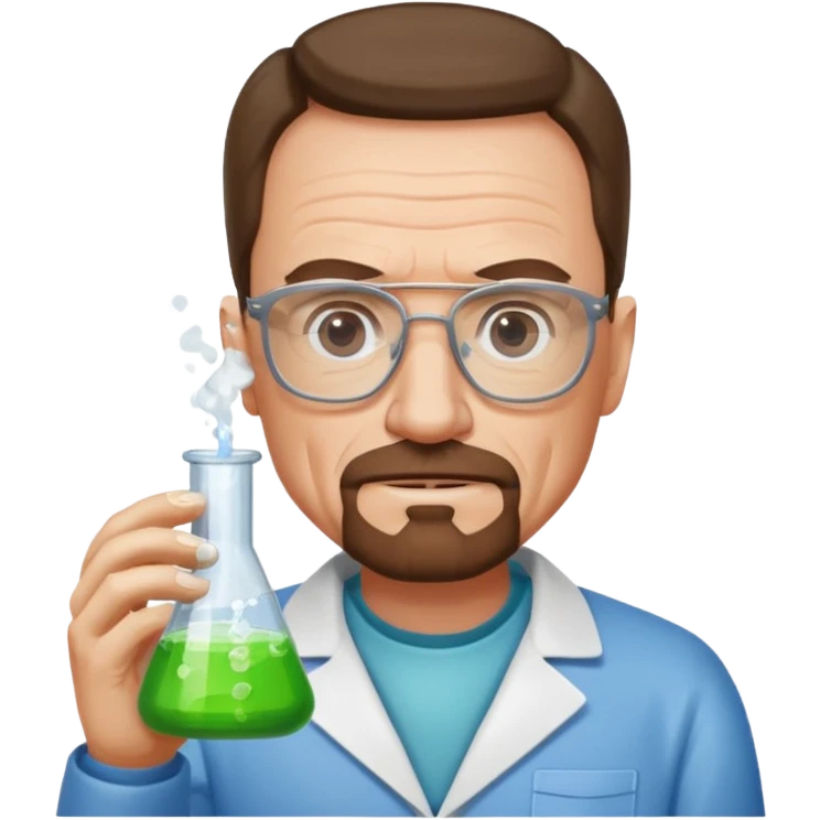 Walter White in iPhone emoji style, holding a chemistry beaker and wearing his glasses emoji