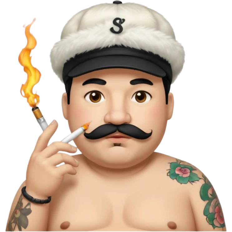 a fat father with white fur, black hair, a hip hop cap, a tattoo with a cigarette in his mouth, and a mustache. emoji