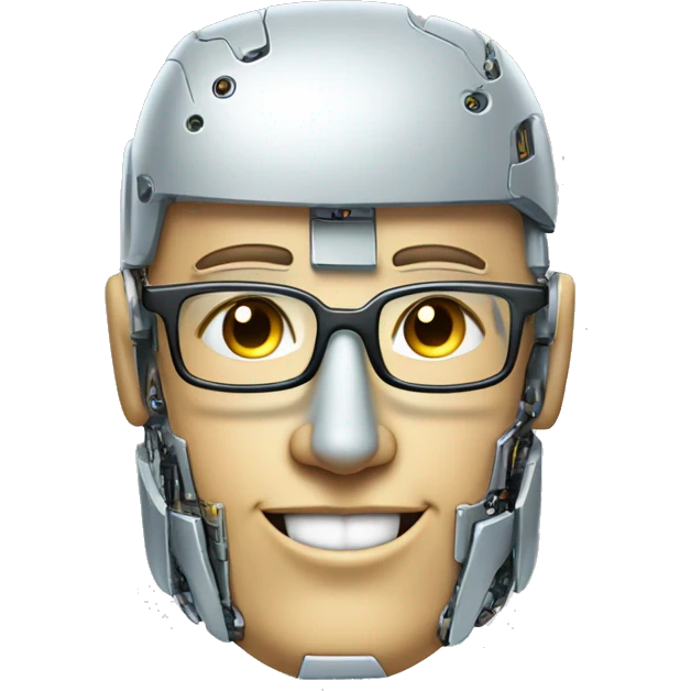 Robotic Cyborg head with fair skin, flat top haircut, rectangular glasses, circuits and smiling  emoji