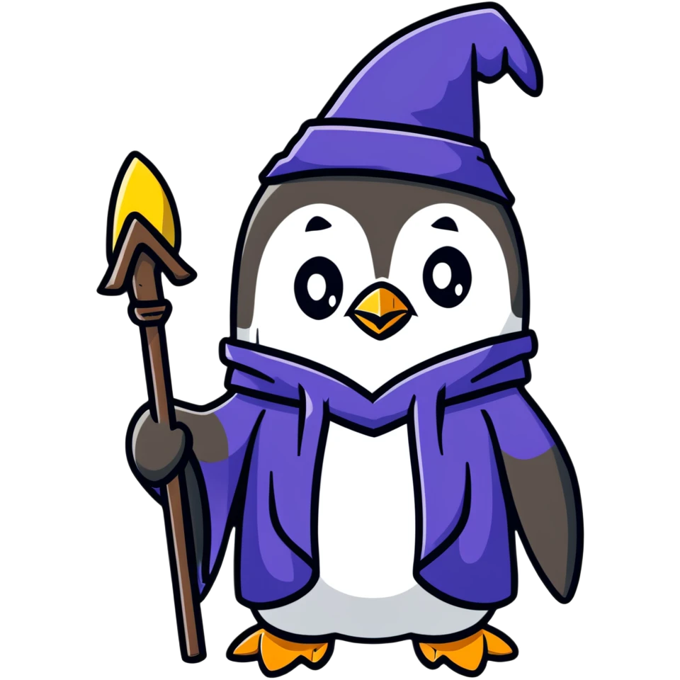 penguin wizard with a magical staff and wizard robe emoji