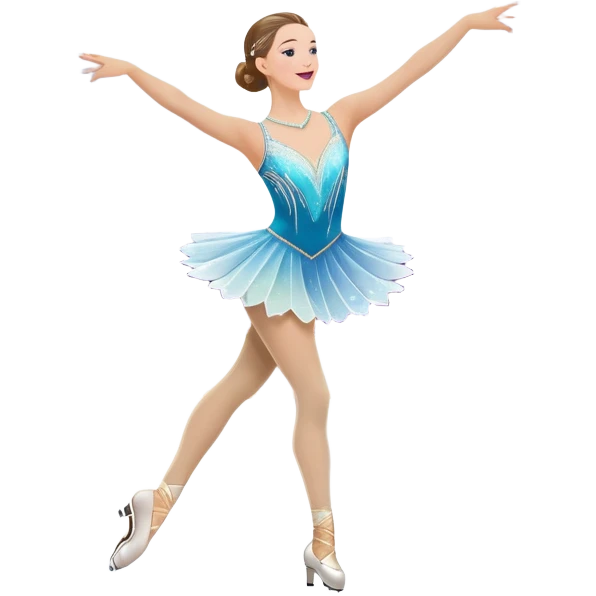 An colorful icon featuring a graceful figure skater performing a spin on the ice. The background includes a grand ice rink palace with shining spotlights and cheering spectators in the stands. Transparent background highlights the elegance and artistry of figure skating emoji