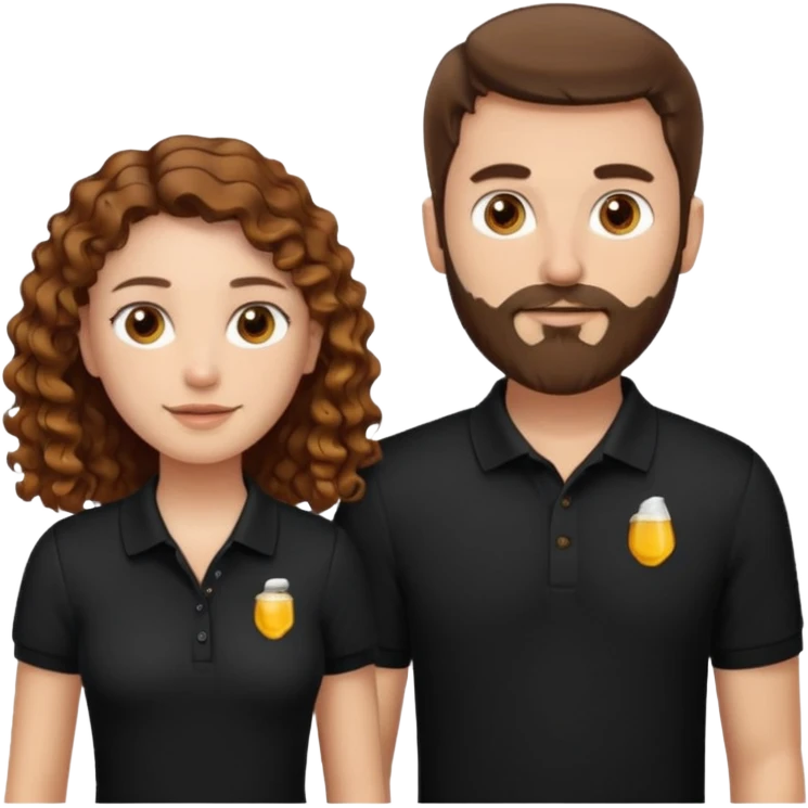 Criar Casal - Homem branco de cabelo liso e olhos marrom, com barba, camiseta polo preta e mulher de pele branca cabelo cacheado marrom longo e olhos mel emoji