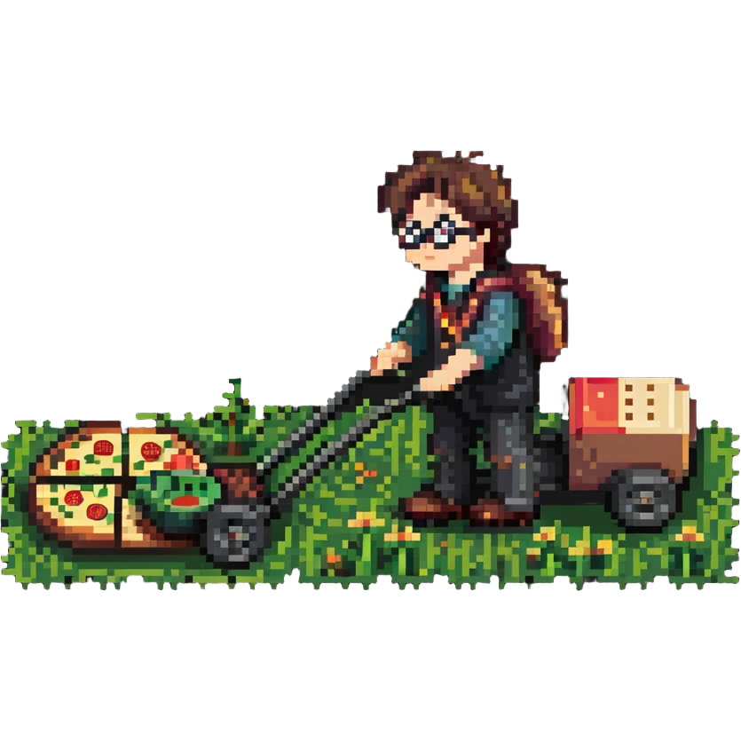 Harry Potter mowing the lawn with pizza emoji