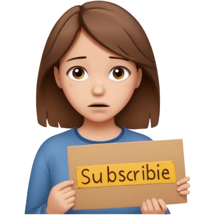 Sad realistic emoji of a young woman with messy hair, holding a cardboard sign that says "PLEASE SUBSCRIBE", emotional begging expression, cinematic lighting, shallow depth of field, soft blurred background, high detail, viral social media style emoji