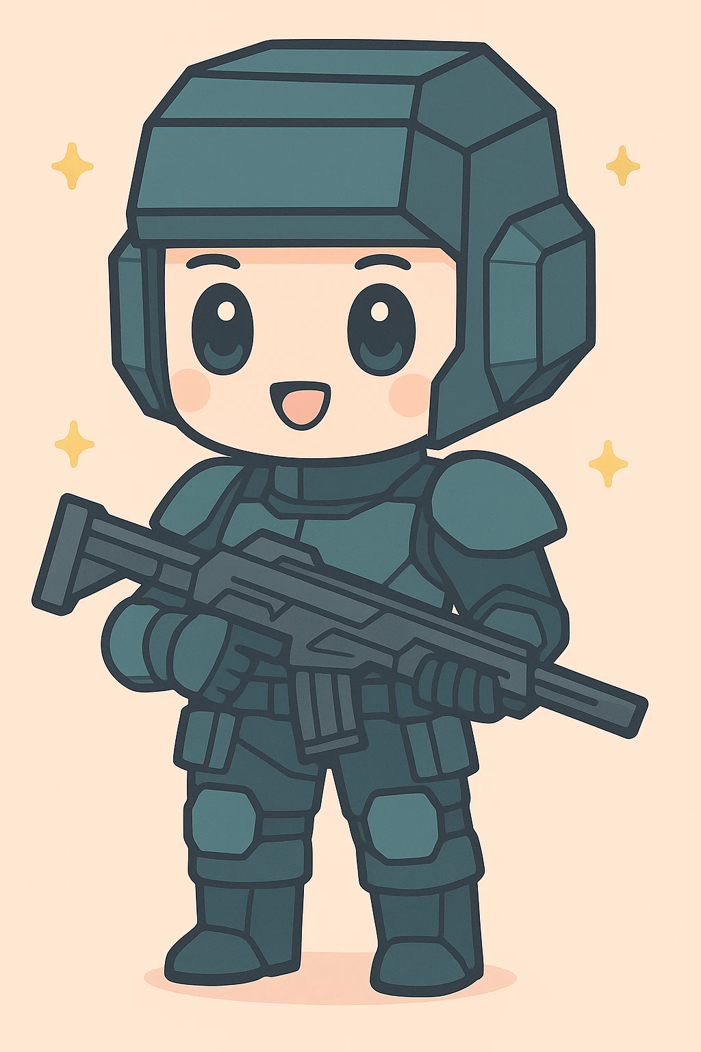 Make the helmet more square and angular, less round, while keeping the anime sci-fi soldier style. The helmet should be dark turquoise in color. emoji