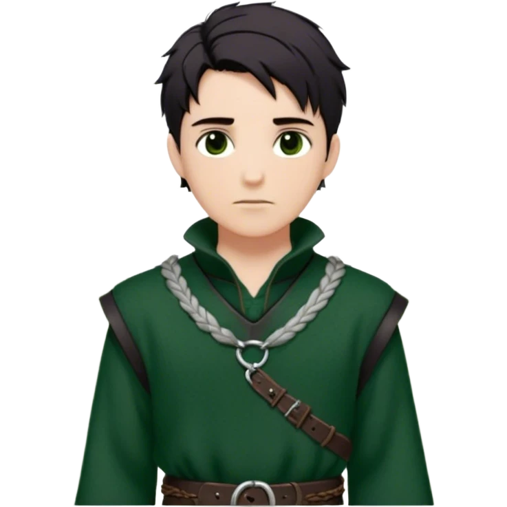 Medieval spring outfit worn by a DnD themed fantasy male character. Forest green wool tunic with silver thread detailing at the collar, secured with a braided leather belt. Clothes only above the waist, full waist coverage. The character has no arms. Character is white-skinned with raven-black hair, deep brown eyes, and tousled short hair. emoji