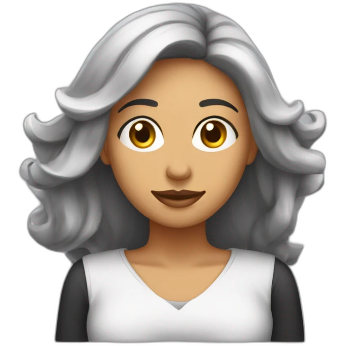 Mujer blanca de cabello negro rulo hasta los hombros trabajando frente al computador  emoji