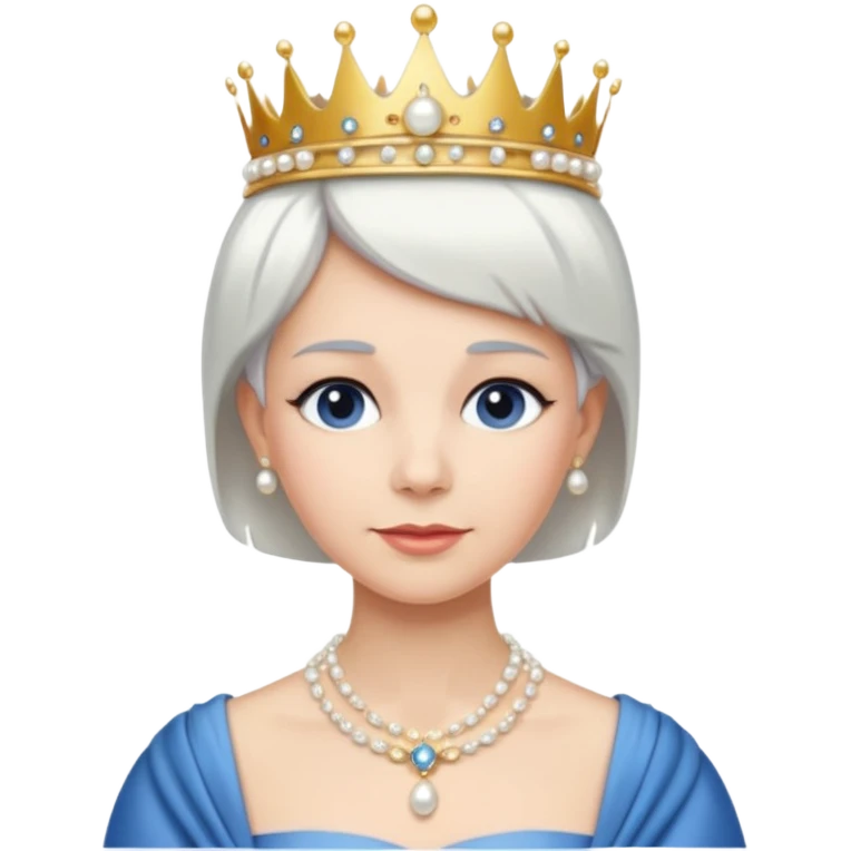 Queen with white short hair – gold tiara, pearl necklace, elegant gown, blue dress emoji