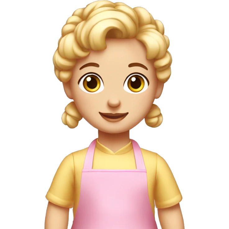 create a gif of a little baker's doll, with a pink apron, blonde hair with a bun who is happy emoji