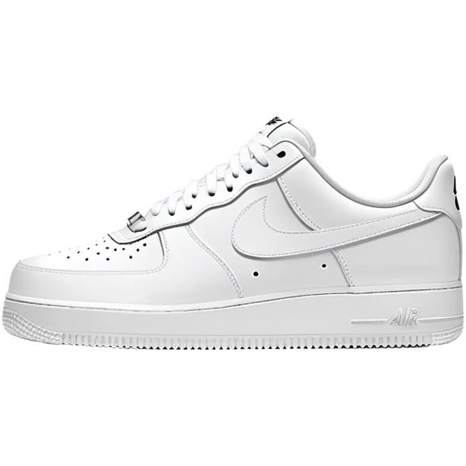 Two white Nike Air Force 1 shoes arranged with the second shoe behind the first, pure white colorway, iconic Nike swoosh, minimalist design emoji