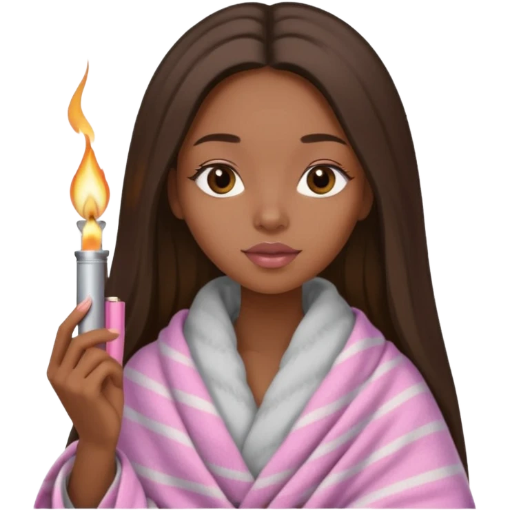 Curvy, light brown long hair, pretty black girl light pink lipgloss wrapped in blanket holding a lighter and blunt emoji