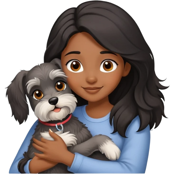 A black long-haired girl happily hugs a Schnauzer emoji