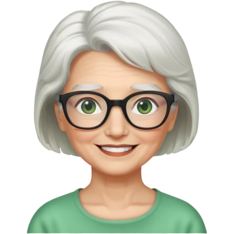 White hair grandma, green eyes, hair to shoulder, lokeg black glasses, rectangles face, smile , emoji