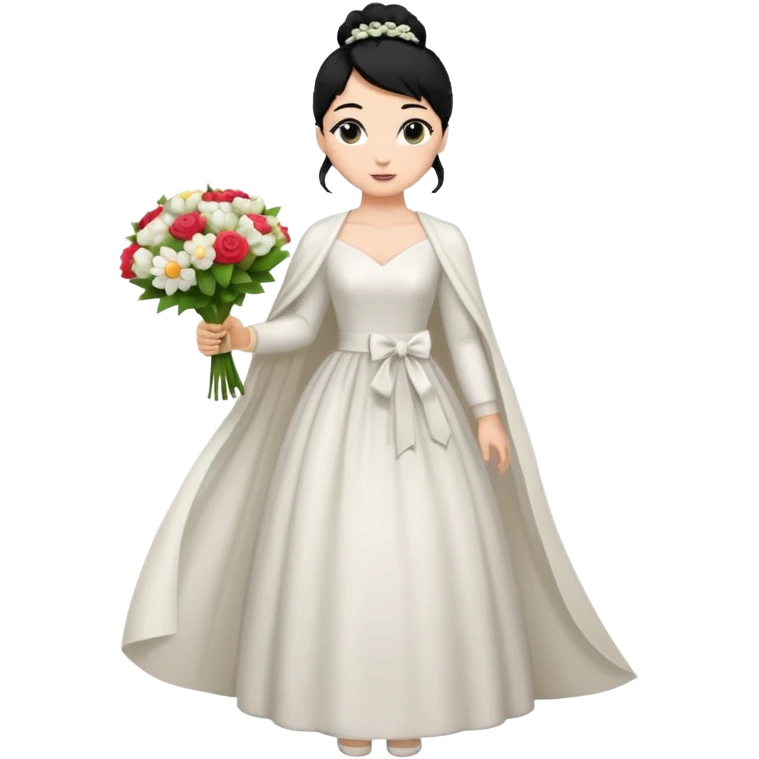 Chica blanca,cuerpo entero, vestido boda ,manga larga ,con estola, pelo negro,    ramo de flores una mano, pelo recogido en moño alto emoji