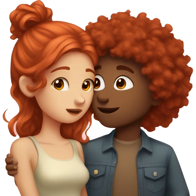 Girl with red hair kissing boy with brown fluffy hair emoji