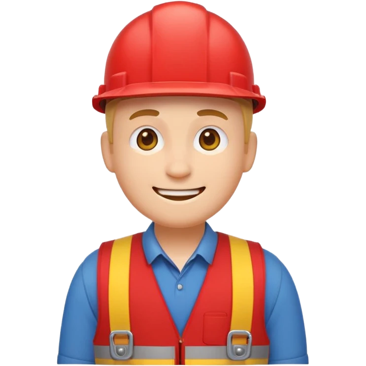 cheerful emoji character with a round head, minimal face, gentle smile, dressed in a red vest, hardware store worker vibe, flat vector emoji style, no text, no logos, front view emoji