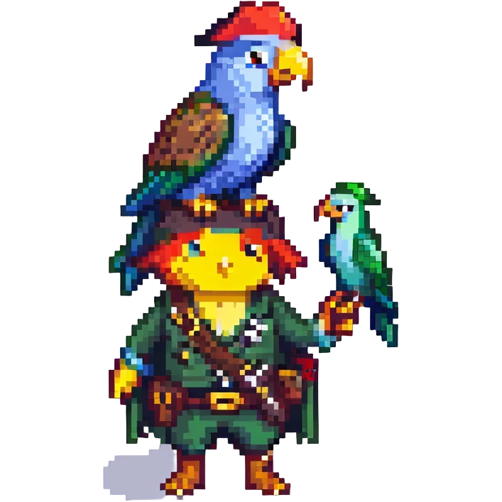 a pirate with a parrot on his shoulder, pixel art style emoji