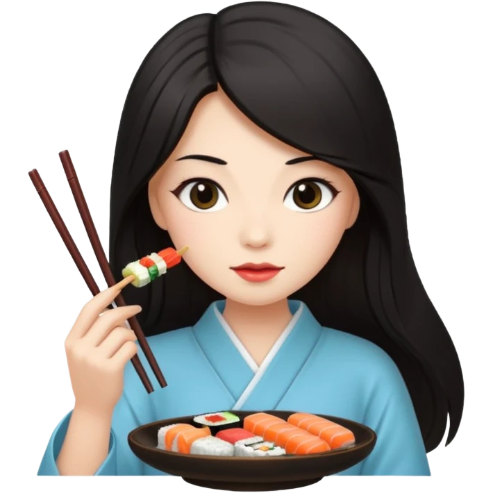 czarnowłosa ksieżniczka w dlugich wlosach je sushi emoji