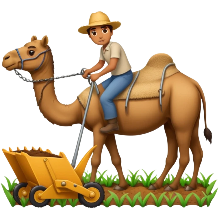 man plowing a field with a plow and a camel, emoji style emoji