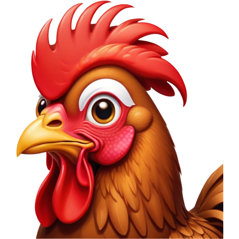 Cinematic Cute Brown Rooster Portrait Emoji, Head tilted playfully and inquisitively, featuring a glossy, immaculate brown plumage with a vibrant red comb, round, sparkling warm eyes filled with curiosity, Simplified yet irresistibly adorable features, highly detailed, glowing with a warm, friendly glow, high shine, affectionate and spirited, stylized with a touch of farmyard whimsy, bright and endearing, soft glowing outline, capturing the essence of a mischievous yet loving rooster, so playful it feels like it could strut out of the screen and into your arms! emoji