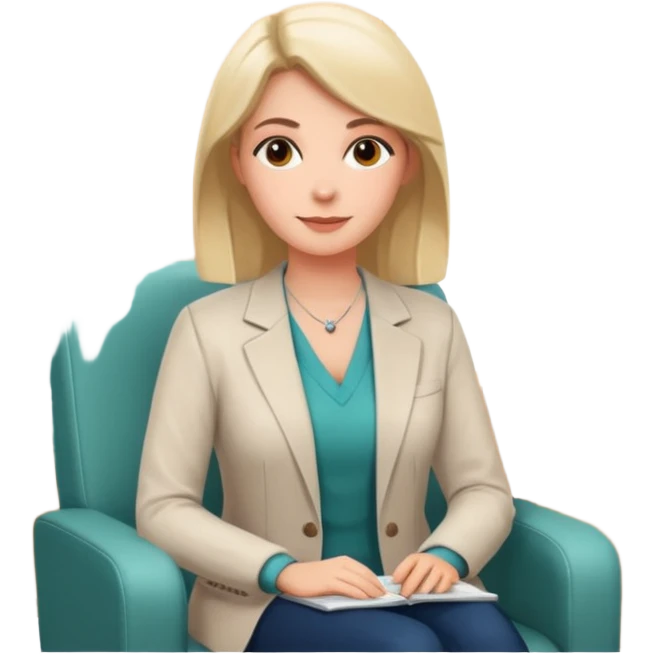 A professional female psychologist, friendly expression, sitting in a therapy office, modern and warm environment, neutral colors, realistic style, white background emoji